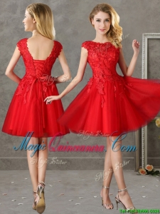 Romantic Bateau Cap Sleeves Short Dama Dress with Lace