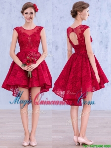 See Through Scoop High Low Wine Red Dama Dress with Lace