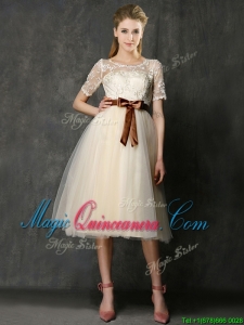 See Through Scoop Short Sleeves Dama Dress with Bowknot and Lace