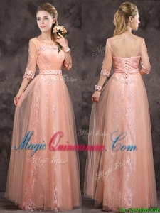 Exquisite See Through Applique and Laced Long Dama Dress in Peach