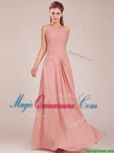 Modest Ruched Decorated Bodice Peach Dama Dress with V Neck