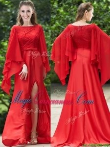 Pretty Bateau Long Sleeves Red Dama Dress with Beading and High Slit