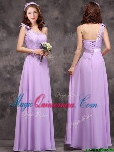 Pretty One Shoulder Lavender Dama Dress with Applique Decorated Waist