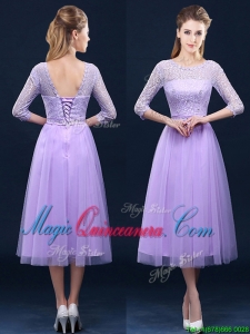 Latest Half Sleeves Tea Length Laced Dama Dress in Lavender