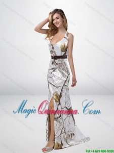 New Arrival Column Halter Top Camo Dama Dresses with Sashes