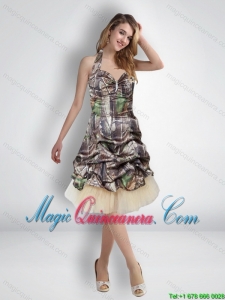 New Arrival 2015 Short Halter Top Camo Dama Dresses with Knee Length