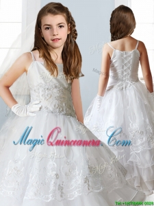 Luxurious White Spaghetti Straps Kid Pageant Dress with Appliques and Ruffled Layers