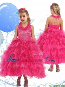 Latest Halter Top Beading and Ruffled Layers Little Girl Pageant Dress in Hot Pink