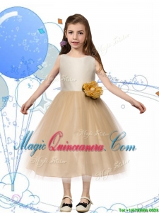 New Scoop Champagne Little Girl Pageant Dress with Hand Made Flowers and Bowknot