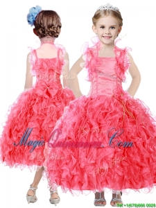 Beautiful Beaded and Ruffled Straps Little Girl Pageant Dress in Coral Red