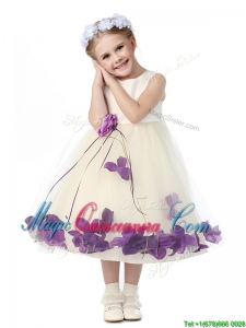 Gorgeous Scoop Kid Pageant Dress with Purple Hand Made Flowers and Appliques