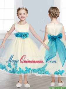 Lovely Scoop Kid Pageant Dress with Teal Hand Made Flowers