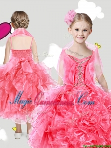 Lovely Spaghetti Straps Little Girl Pageant Dress with Beading and Rolling Flowers