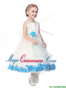 Perfect Scoop Kid Pageant Dress with Aqua Blue Hand Made Flowers