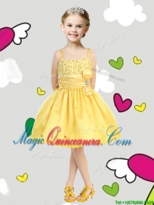 Perfect Spaghetti Straps Belt and Sequins Little Girl Pageant Dress in Yellow