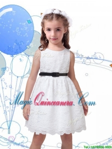 Popular Laced Scoop Little Girl Pageant Dress with Black Sashes