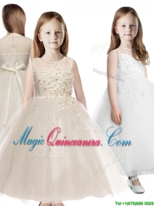 See Through Scoop Appliques Flower Girl Dress in Champagne