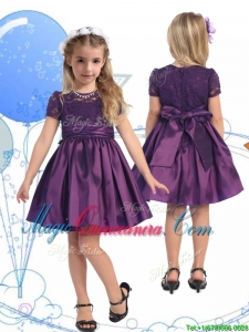 See Through Scoop Purple Little Girl Pageant Dress with Lace and Belt