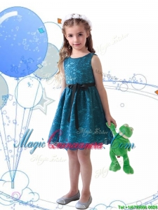 Wonderful Laced and Sashed Scoop Little Girl Pageant Dress in Teal