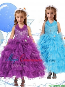 Affordable Halter Top Little Girl Pageant Dress with Beading and Ruffled Layers