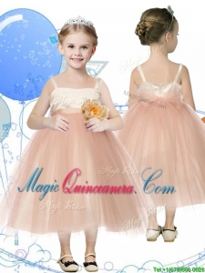 Affordable Spaghetti Straps Hand Made Flowers Little Girl Pageant Dress in Champagne