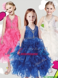 Best Beaded and Ruffled Halter Top Little Girl Pageant Dress in Tea Length