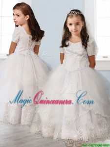 Best Square Short Sleeves White Little Girl Pageant Dress with Beading and Appliques