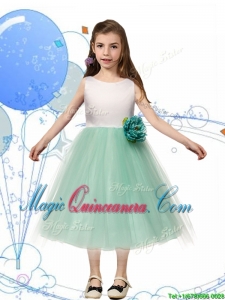 Comfortable Scoop Hand Made Flowers and Bowknot Little Girl Pageant Dress in Apple Green