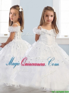 Exquisite Spaghetti Straps Cap Sleeves Little Girl Pageant Dress with Lace and Ruffled Layers