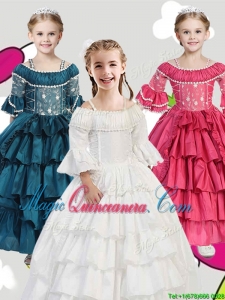 Gorgeous Spaghetti Straps Three Fourth Length Sleeves Little Girl Pageant Dress with Lace and Ruffled Layers