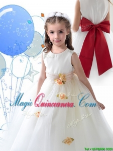 Luxurious Scoop White Flower Girl Dress with Sashes and Hand Made Flowers