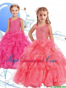 Perfect Beaded and Ruffled Asymmetrical Neckline Little Girl Pageant Dress in Watermelon Red