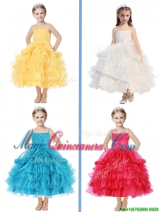 Romantic Spaghetti Straps Little Girl Pageant Dress with Beading and Ruffled Layers