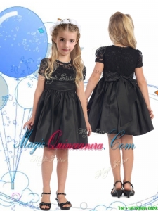 See Through Scoop Short Sleeves Lace and Belt Little Girl Pageant Dress in Black