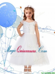 Top Selling Square Cap Sleeves Appliques Little Girl Pageant Dress in White