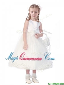 New Style Scoop Hand Made Flowers and Appliques Little Girl Pageant Dress in White