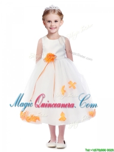 Popular Scoop Little Girl Pageant Dress with Orange Red Hand Made Flowers