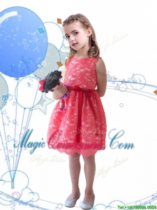 New Style Scoop Sashes and Lace Little Girl Pageant Dress in Coral Red
