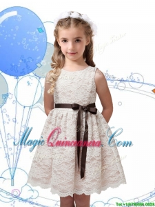Perfect Scoop Champagne Little Girl Pageant Dress with Sashes and Lace