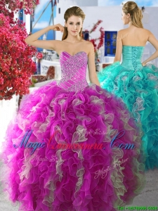Cheap Fuchsia and White Organza Sweet 16 Fashionable Quinceanera Dress with Beading and Ruffles