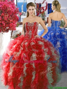 Discount Red and White Sweet 16 Fashionable Quinceanera Dress with Beading and Ruffles