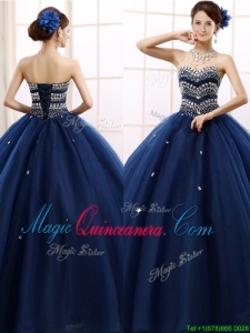 Discount Rhinestoned Really Puffy Quinceanera Dress in Navy Blue