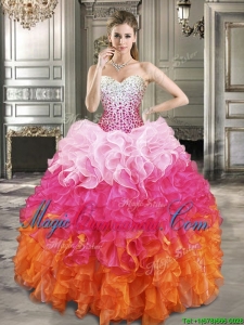 Fashionable Beaded Bodice and Ruffled Quinceanera Dress in Gradient Color