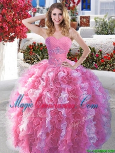 Popular Rose Pink and White Quinceanera Dress with Beading and Ruffles