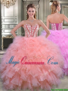 Visible Boning Beaded Bodice and Ruffled Quinceanera Dress in Watermelon Red