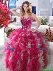 Visible Boning Beaded and Ruffled Quinceanera Dress in Hot Pink