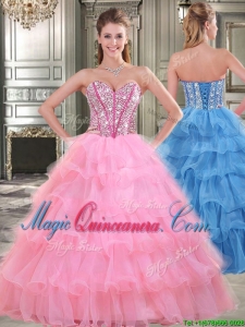 Wonderful Rose Pink Sweet 16 Fashionable Quinceanera Dresswith Beading and Ruffled Layers