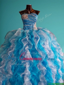 Discount Beaded and Ruffled Big Puffy Sweet 16 Fast Delivery Quinceanera Dress in White and Blue