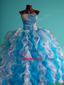 Discount Beaded and Ruffled Big Puffy Sweet 16 Fast Delivery Quinceanera Dress in White and Blue