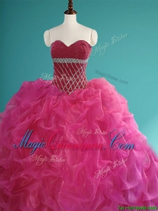 Gorgeous Beaded and Pick Ups Organza Sweet 16 Fast Delivery Quinceanera Dress in Fuchsia